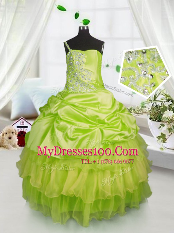 Super Yellow Green Lace Up One Shoulder Beading and Ruffled Layers and Pick Ups Little Girl Pageant Dress Satin and Tulle Sleeveless