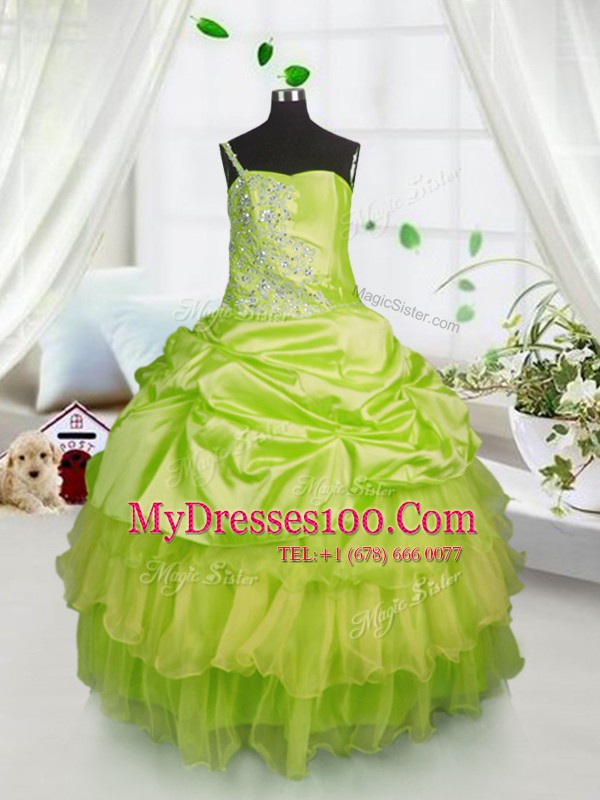 Super Yellow Green Lace Up One Shoulder Beading and Ruffled Layers and Pick Ups Little Girl Pageant Dress Satin and Tulle Sleeveless