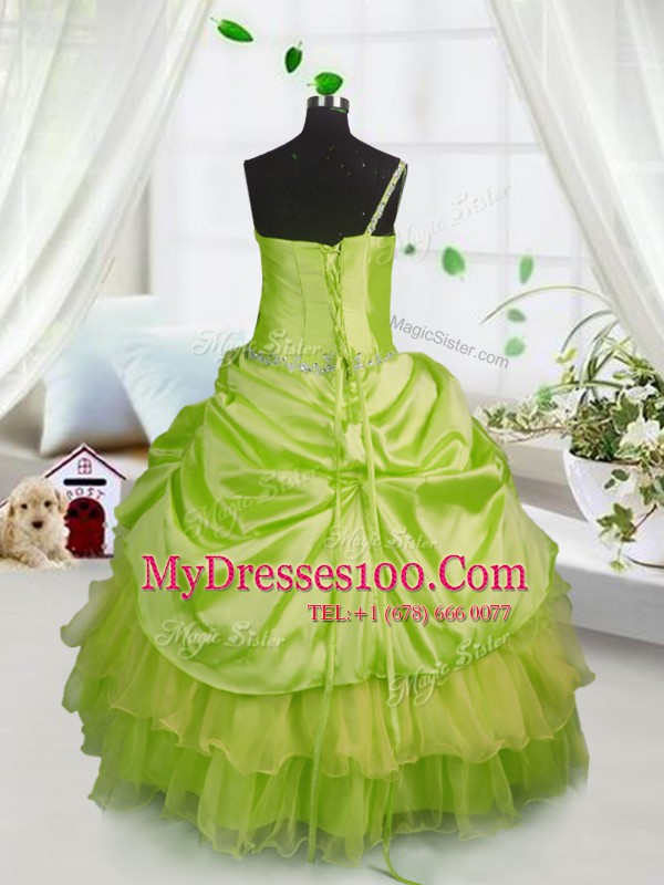 Super Yellow Green Lace Up One Shoulder Beading and Ruffled Layers and Pick Ups Little Girl Pageant Dress Satin and Tulle Sleeveless