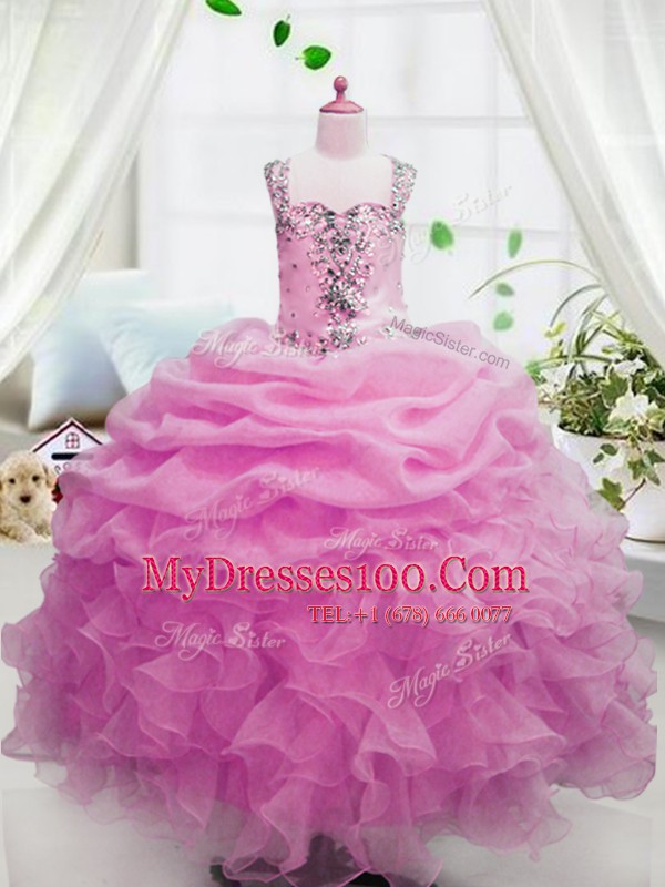 Top Selling Pink Ball Gowns Square Sleeveless Organza Floor Length Zipper Beading and Ruffles and Pick Ups Toddler Flower Girl Dress