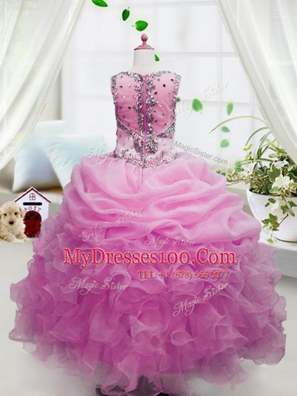 Top Selling Pink Ball Gowns Square Sleeveless Organza Floor Length Zipper Beading and Ruffles and Pick Ups Toddler Flower Girl Dress