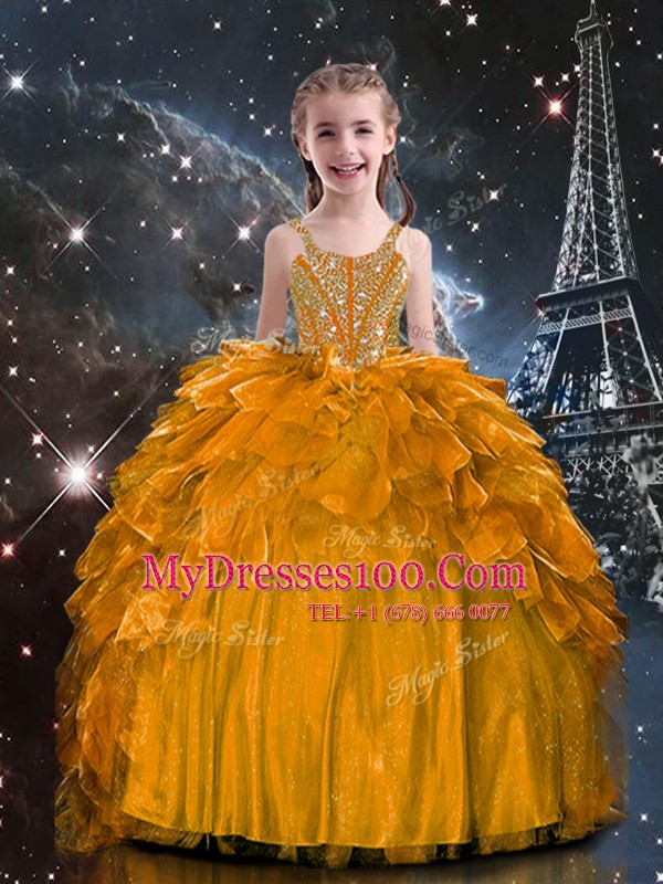 Unique Ball Gowns Flower Girl Dress Orange Spaghetti Straps Organza Sleeveless Floor Length Lace Up