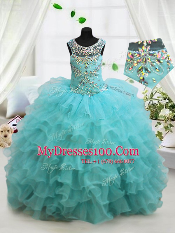 Captivating Scoop Aqua Blue Lace Up Kids Pageant Dress Beading and Ruffled Layers Sleeveless Floor Length