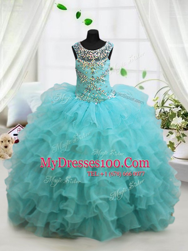Captivating Scoop Aqua Blue Lace Up Kids Pageant Dress Beading and Ruffled Layers Sleeveless Floor Length