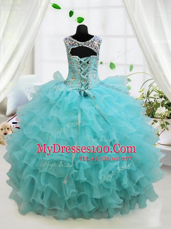 Captivating Scoop Aqua Blue Lace Up Kids Pageant Dress Beading and Ruffled Layers Sleeveless Floor Length