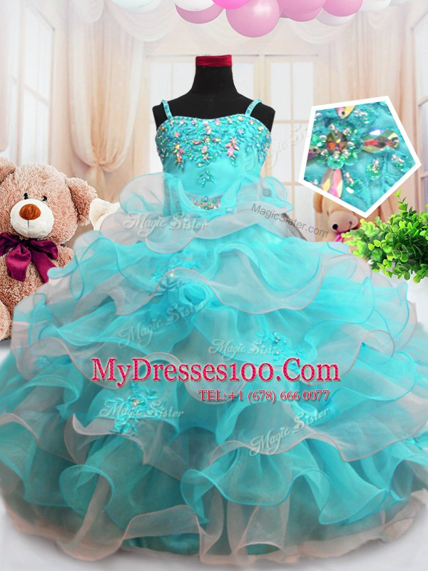 Smart Floor Length Aqua Blue Toddler Flower Girl Dress Organza Sleeveless Beading and Ruffled Layers