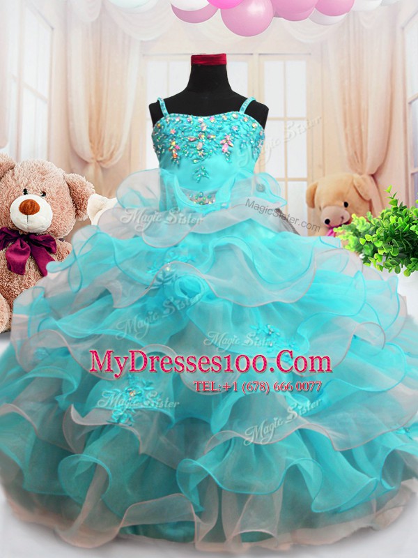Smart Floor Length Aqua Blue Toddler Flower Girl Dress Organza Sleeveless Beading and Ruffled Layers