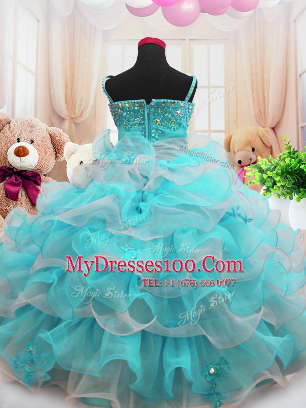 Smart Floor Length Aqua Blue Toddler Flower Girl Dress Organza Sleeveless Beading and Ruffled Layers
