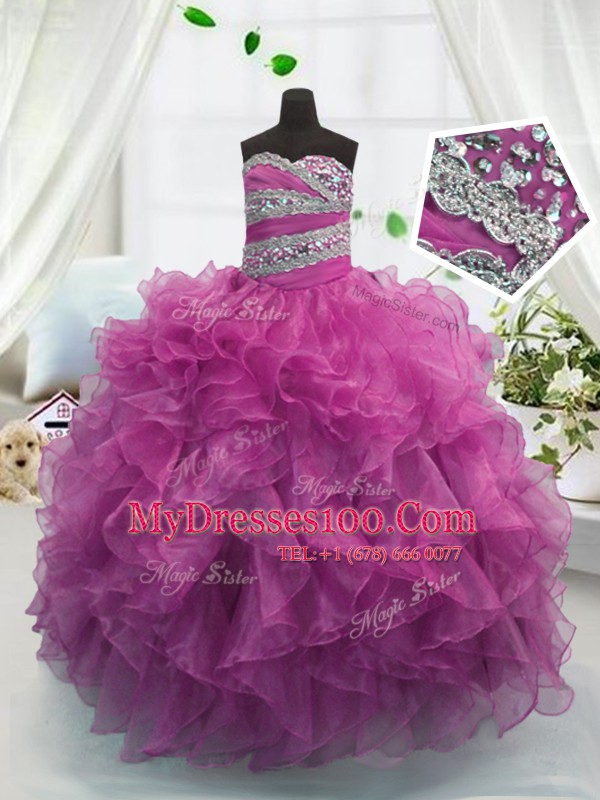 Cheap Fuchsia Lace Up Sweetheart Beading and Ruffles Flower Girl Dresses for Less Organza Sleeveless