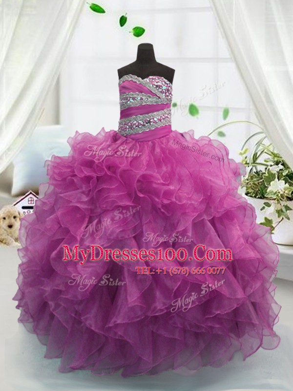 Cheap Fuchsia Lace Up Sweetheart Beading and Ruffles Flower Girl Dresses for Less Organza Sleeveless