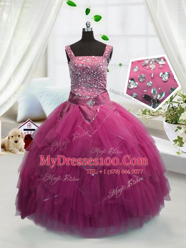 Rose Pink Lace Up Straps Beading and Ruffles Little Girl Pageant Dress Tulle Sleeveless