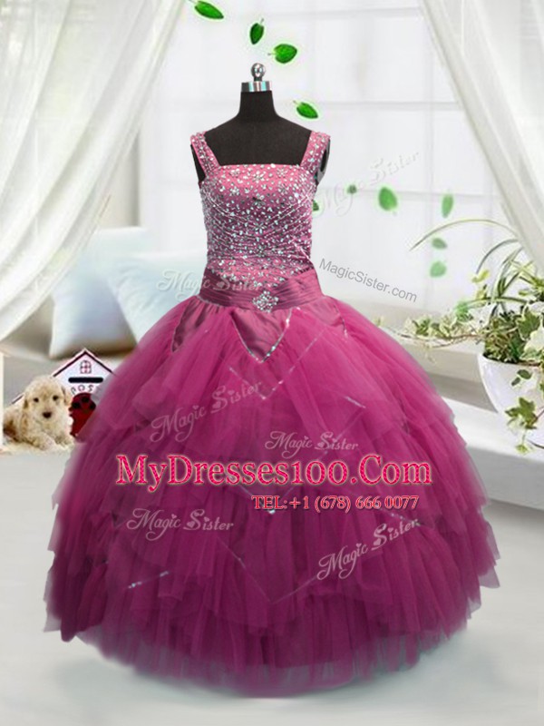 Rose Pink Lace Up Straps Beading and Ruffles Little Girl Pageant Dress Tulle Sleeveless