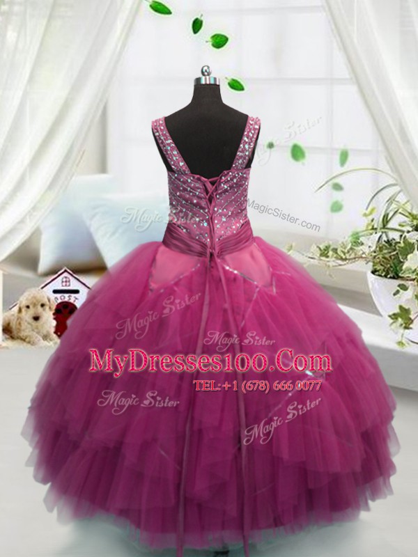 Rose Pink Lace Up Straps Beading and Ruffles Little Girl Pageant Dress Tulle Sleeveless