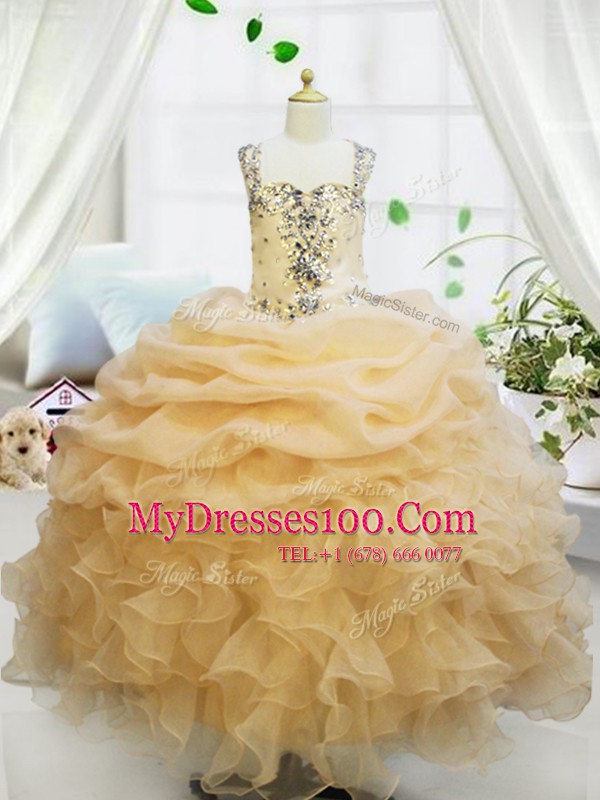 Champagne Organza Zipper Straps Sleeveless Floor Length Flower Girl Dresses Beading and Ruffles and Pick Ups