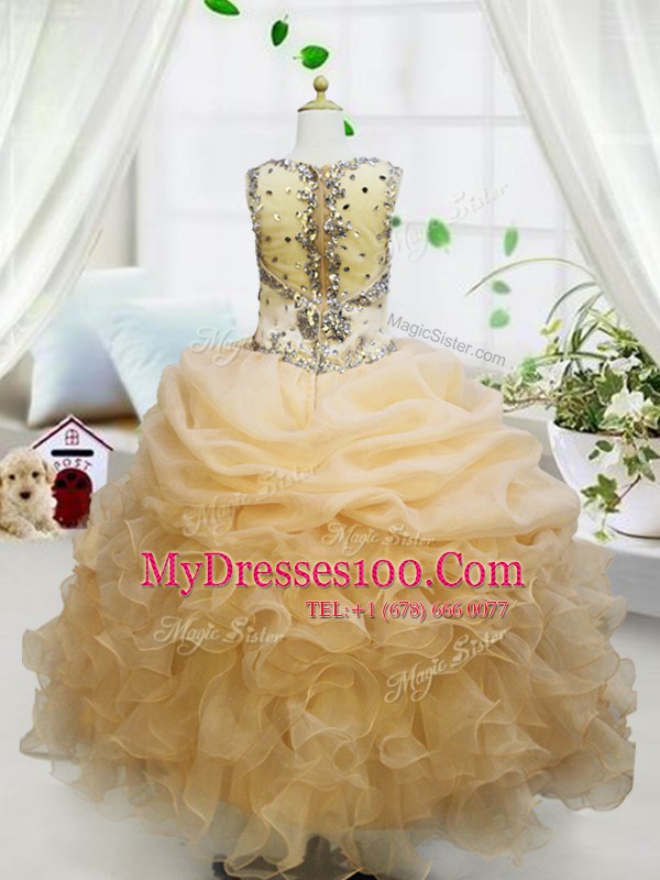 Champagne Organza Zipper Straps Sleeveless Floor Length Flower Girl Dresses Beading and Ruffles and Pick Ups