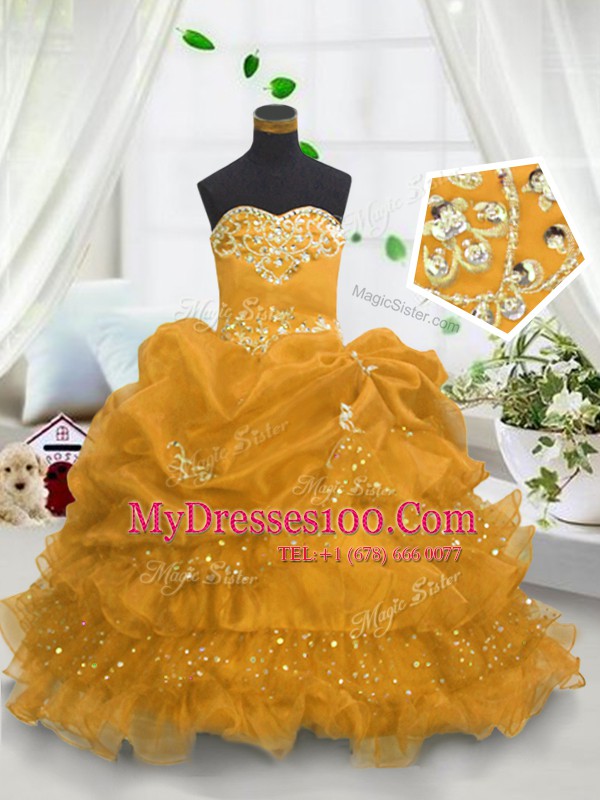 Adorable Gold Ball Gowns Sweetheart Sleeveless Organza Floor Length Lace Up Beading and Ruffled Layers and Pick Ups Flower Girl Dresses for Less