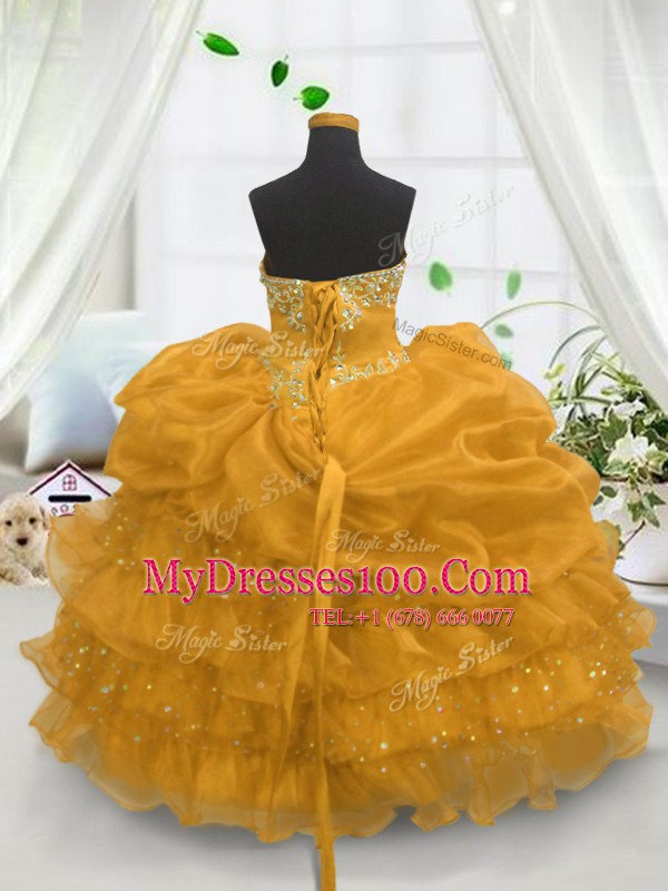 Adorable Gold Ball Gowns Sweetheart Sleeveless Organza Floor Length Lace Up Beading and Ruffled Layers and Pick Ups Flower Girl Dresses for Less
