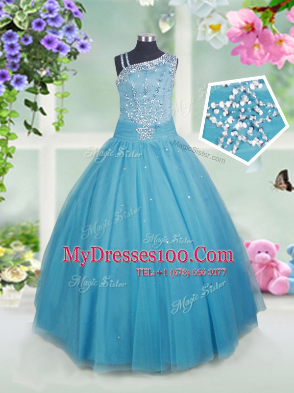 Teal Asymmetric Side Zipper Beading Toddler Flower Girl Dress Sleeveless