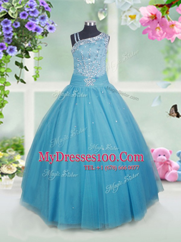 Teal Asymmetric Side Zipper Beading Toddler Flower Girl Dress Sleeveless