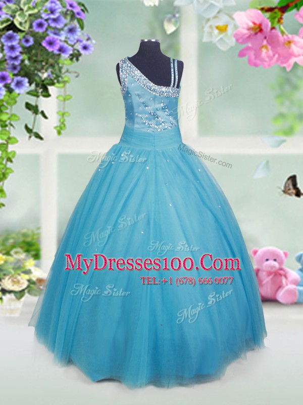 Teal Asymmetric Side Zipper Beading Toddler Flower Girl Dress Sleeveless