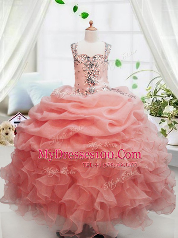 Square Sleeveless Child Pageant Dress Floor Length Beading and Ruffles and Pick Ups Peach Organza