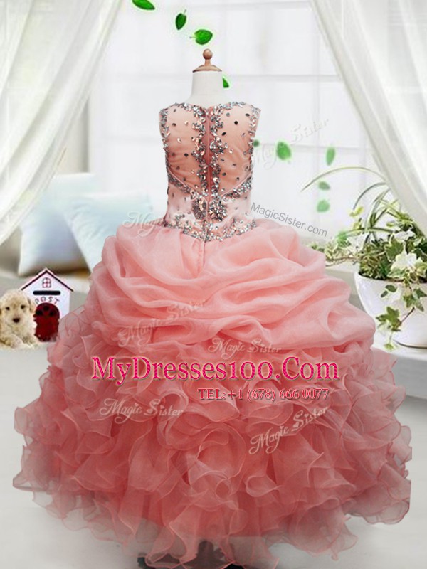 Square Sleeveless Child Pageant Dress Floor Length Beading and Ruffles and Pick Ups Peach Organza