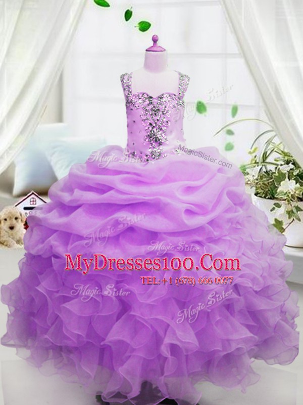 Designer Floor Length Zipper Flower Girl Dress Rose Pink for Party and Wedding Party with Beading and Ruffles and Pick Ups