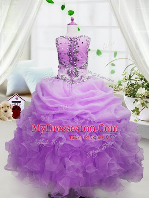 Designer Floor Length Zipper Flower Girl Dress Rose Pink for Party and Wedding Party with Beading and Ruffles and Pick Ups