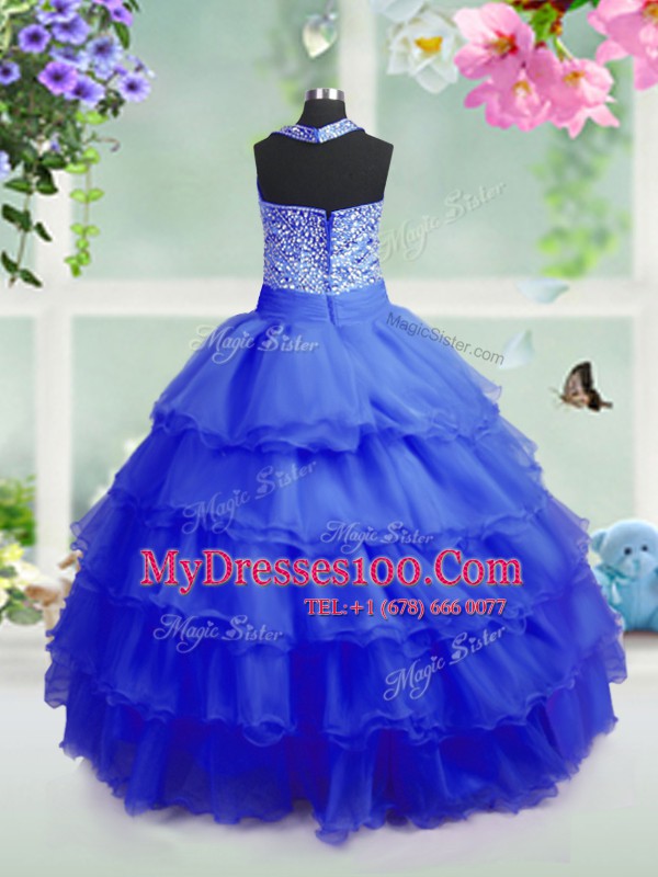 New Arrival Royal Blue Zipper Square Beading and Ruffled Layers Toddler Flower Girl Dress Organza Sleeveless