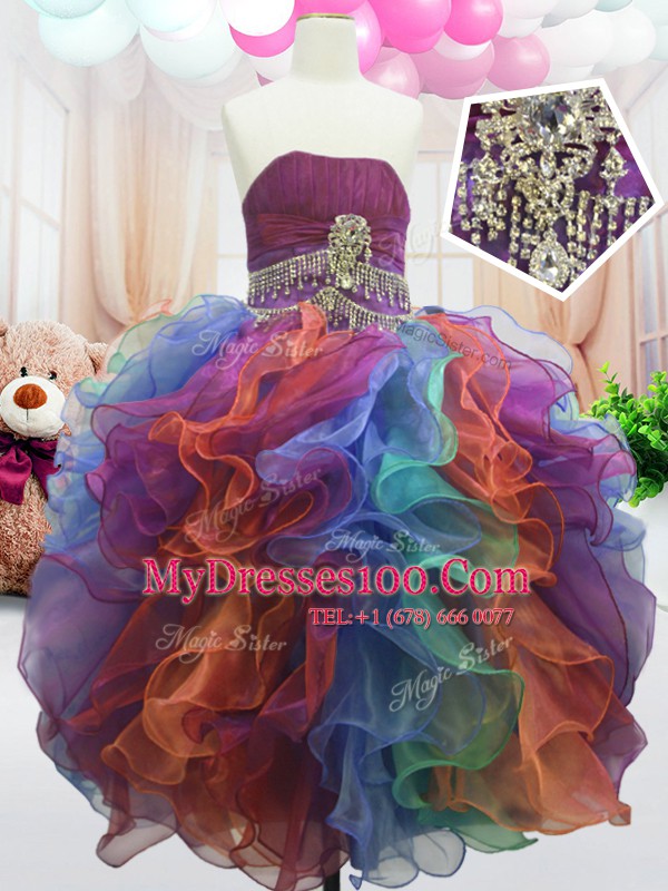 Affordable Strapless Sleeveless Little Girls Pageant Dress Floor Length Beading and Ruffles Multi-color Organza