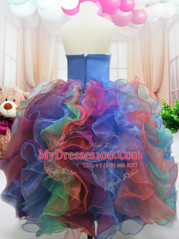 Affordable Strapless Sleeveless Little Girls Pageant Dress Floor Length Beading and Ruffles Multi-color Organza