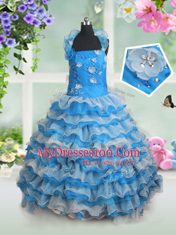 Fashion Ruffled Baby Blue Sleeveless Organza Lace Up Little Girl Pageant Gowns for Party and Wedding Party