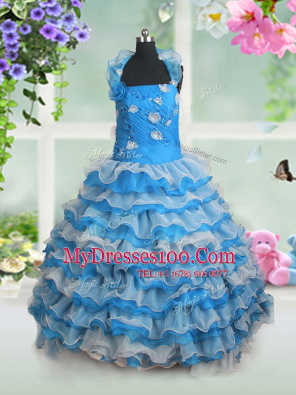 Fashion Ruffled Baby Blue Sleeveless Organza Lace Up Little Girl Pageant Gowns for Party and Wedding Party