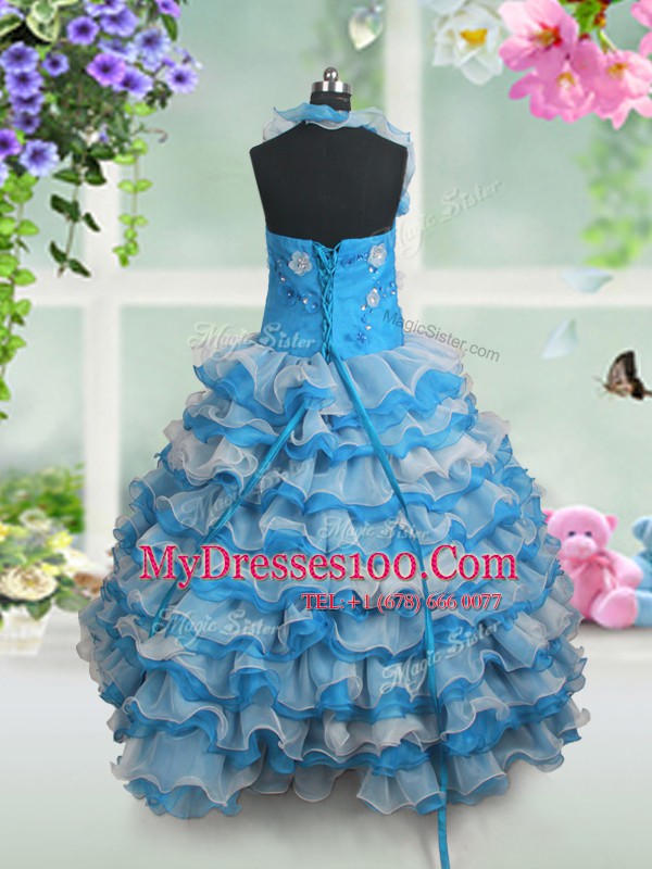 Fashion Ruffled Baby Blue Sleeveless Organza Lace Up Little Girl Pageant Gowns for Party and Wedding Party