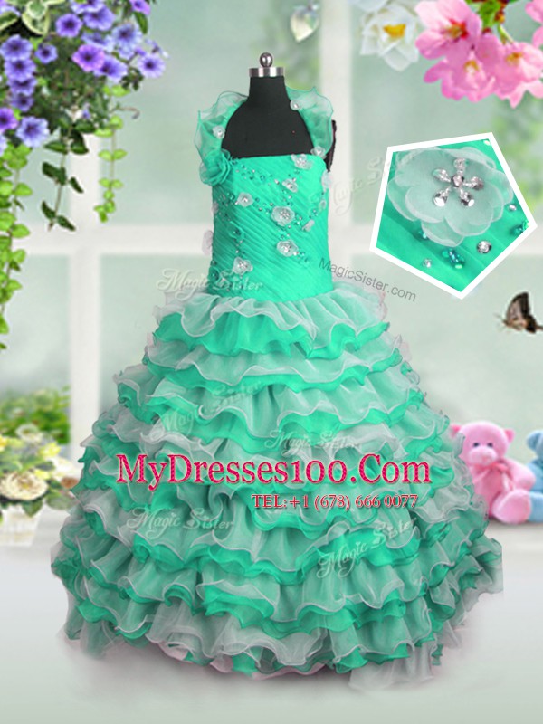 Green Ball Gowns Straps Sleeveless Organza Floor Length Lace Up Beading and Appliques and Ruffled Layers Kids Pageant Dress