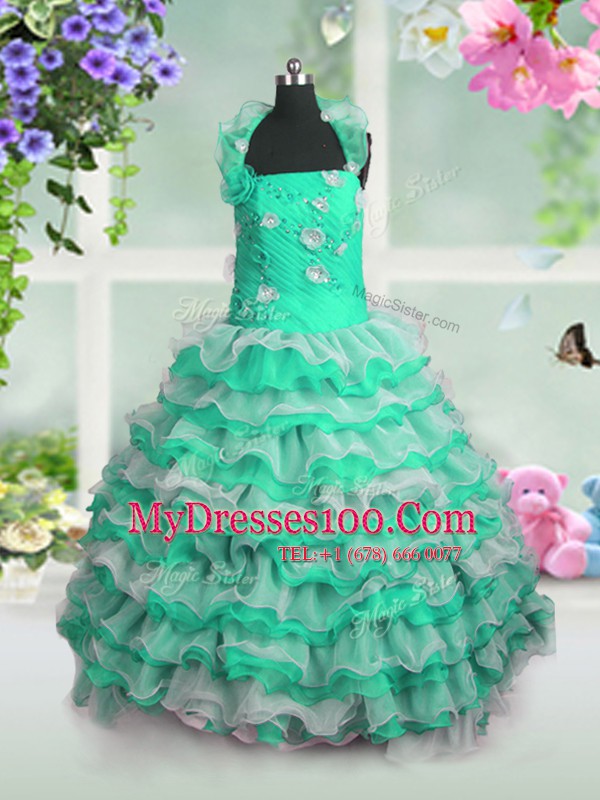 Green Ball Gowns Straps Sleeveless Organza Floor Length Lace Up Beading and Appliques and Ruffled Layers Kids Pageant Dress