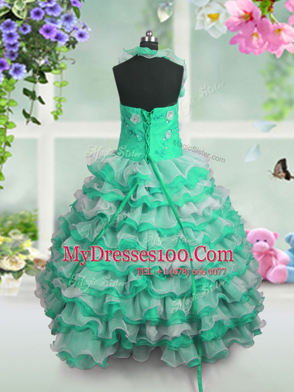 Green Ball Gowns Straps Sleeveless Organza Floor Length Lace Up Beading and Appliques and Ruffled Layers Kids Pageant Dress