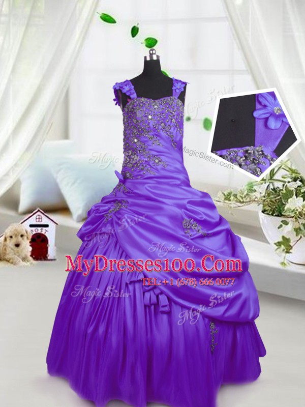 Fantastic Purple Straps Neckline Beading and Pick Ups Pageant Gowns For Girls Sleeveless Lace Up