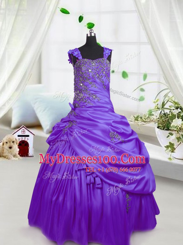 Fantastic Purple Straps Neckline Beading and Pick Ups Pageant Gowns For Girls Sleeveless Lace Up
