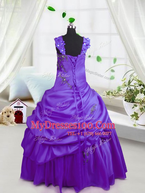 Fantastic Purple Straps Neckline Beading and Pick Ups Pageant Gowns For Girls Sleeveless Lace Up