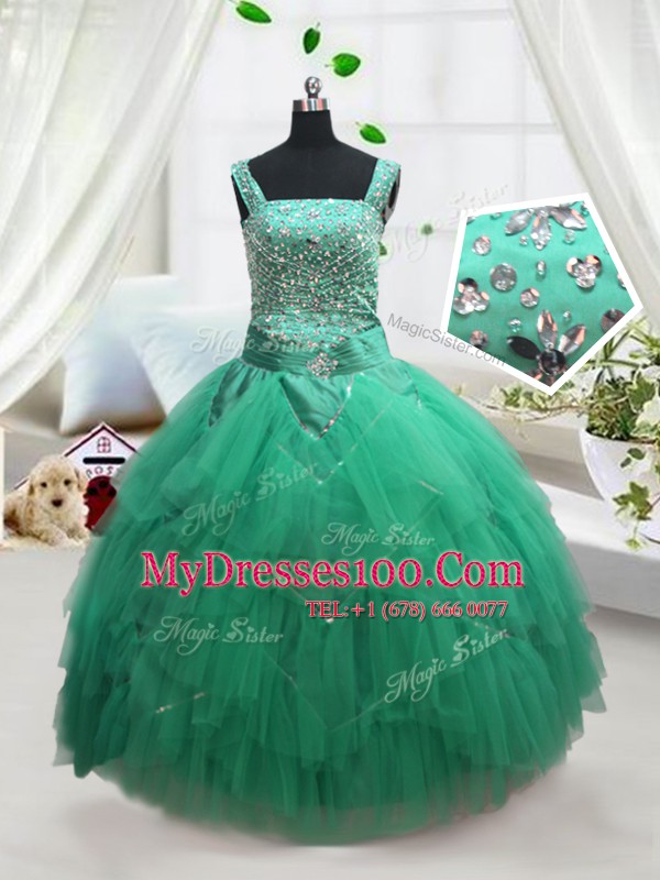 Customized Turquoise Straps Lace Up Beading and Ruffles Little Girls Pageant Dress Wholesale Sleeveless