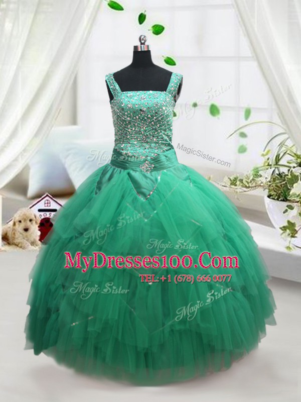 Customized Turquoise Straps Lace Up Beading and Ruffles Little Girls Pageant Dress Wholesale Sleeveless