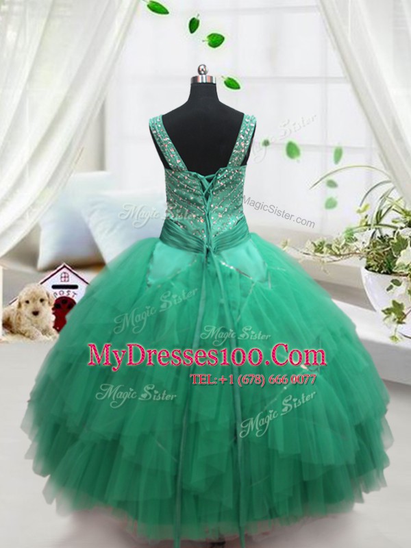 Customized Turquoise Straps Lace Up Beading and Ruffles Little Girls Pageant Dress Wholesale Sleeveless