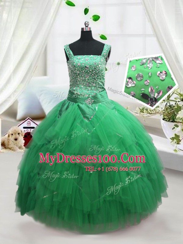Sleeveless Floor Length Beading and Ruffles Lace Up Little Girls Pageant Dress Wholesale with Turquoise