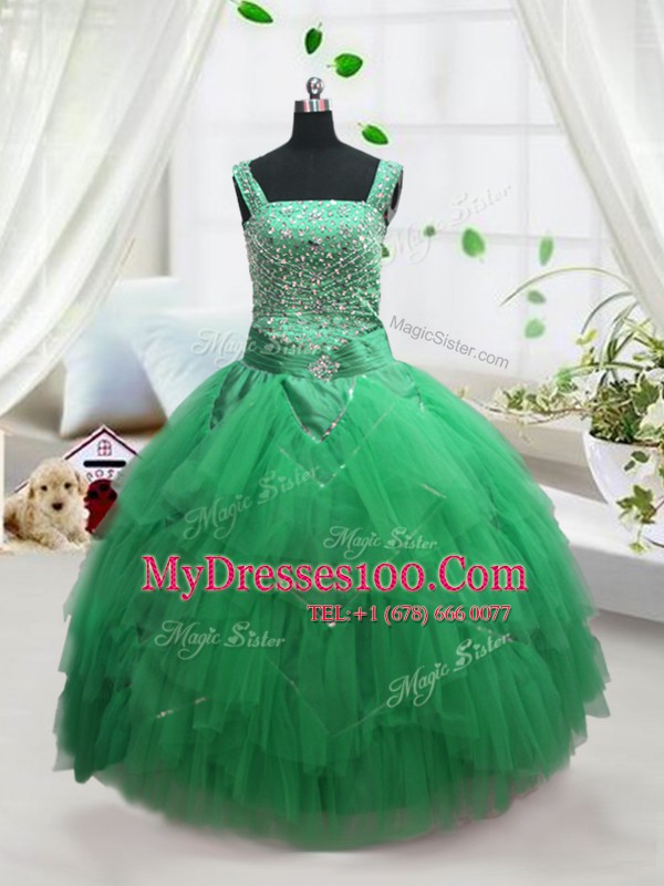 Sleeveless Floor Length Beading and Ruffles Lace Up Little Girls Pageant Dress Wholesale with Turquoise