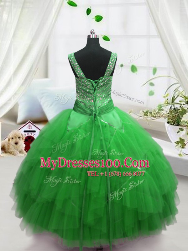 Sleeveless Floor Length Beading and Ruffles Lace Up Little Girls Pageant Dress Wholesale with Turquoise