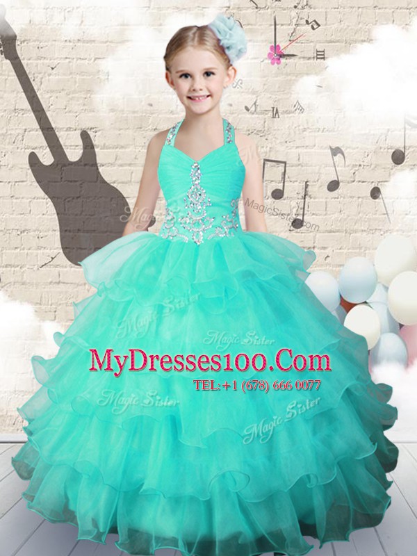 Halter Top Sleeveless Organza Child Pageant Dress Beading and Ruffled Layers Lace Up