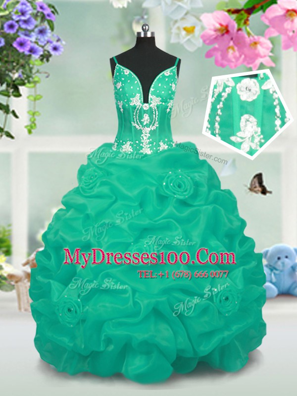 Pretty Pick Ups Floor Length Turquoise Little Girl Pageant Gowns V-neck Sleeveless Lace Up