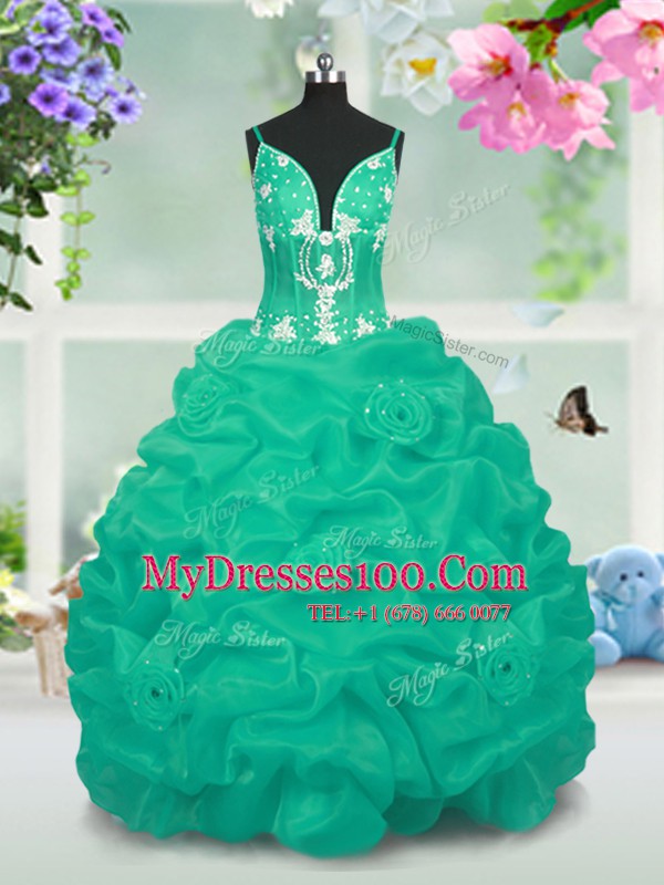 Pretty Pick Ups Floor Length Turquoise Little Girl Pageant Gowns V-neck Sleeveless Lace Up