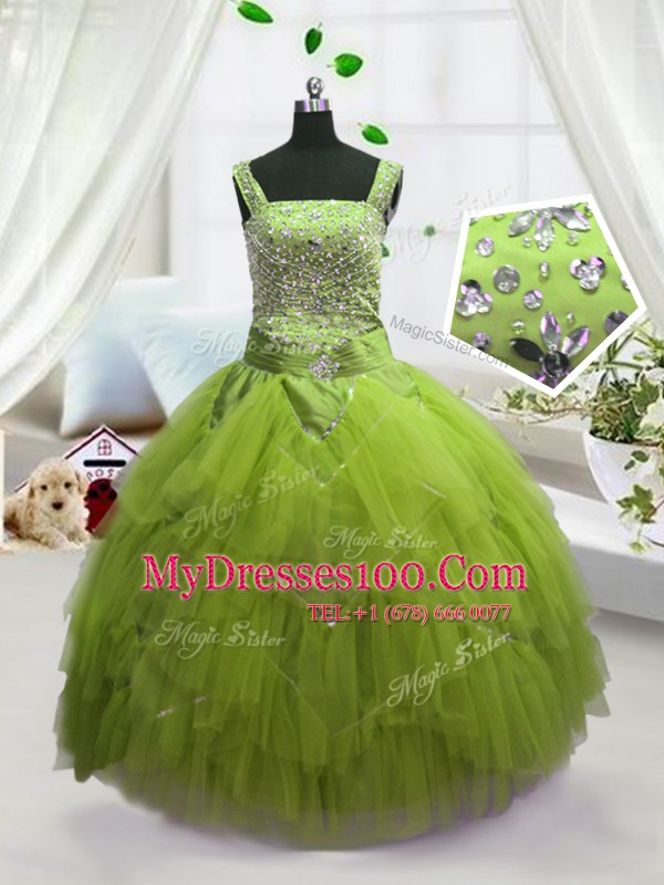 Excellent Yellow Green Ball Gowns Straps Sleeveless Tulle Floor Length Lace Up Beading and Ruffles Pageant Gowns For Girls